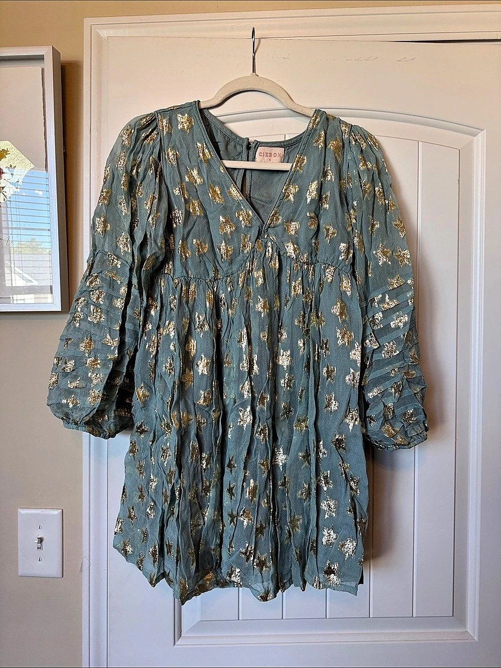 CIEBON Crissta Metallic Star Long Sleeve Mini Dress Blue & Gold Medium